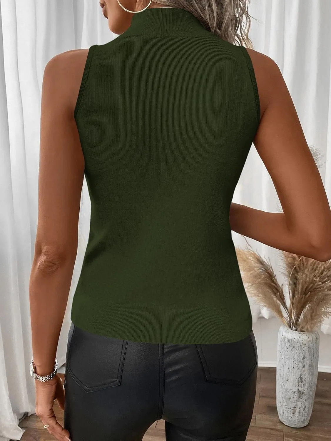 SOLY HUX Women's Mock Turtle Neck Tops Sexy Ribbed Knit Sleeveless Tank Tops Basic Slim Fitted Shirts