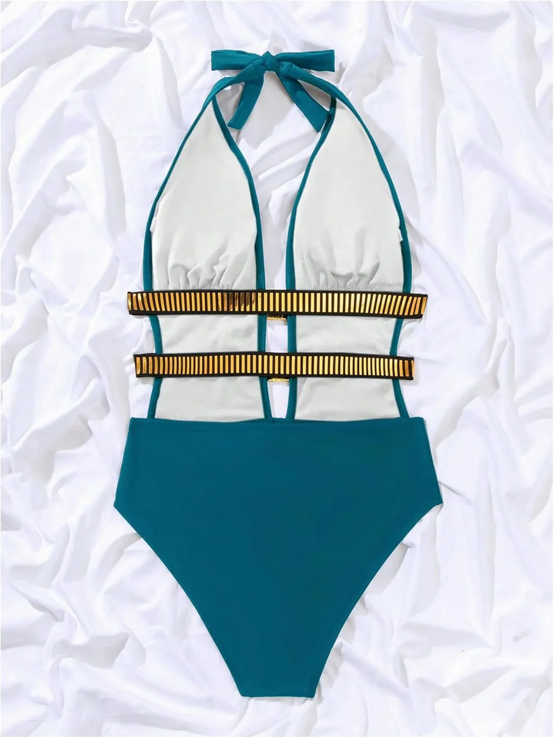 SOLY HUX Women's One Piece Swimsuit Bathing Suit Deep V Neck Halter Tie Back Swimwear