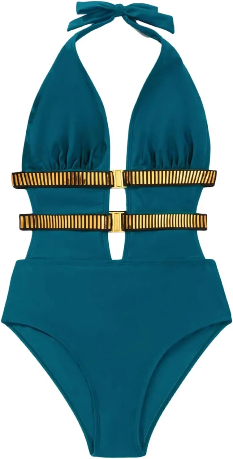 SOLY HUX Women's One Piece Swimsuit Bathing Suit Deep V Neck Halter Tie Back Swimwear
