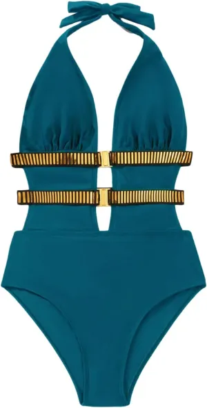 SOLY HUX Women's One Piece Swimsuit Bathing Suit Deep V Neck Halter Tie Back Swimwear
