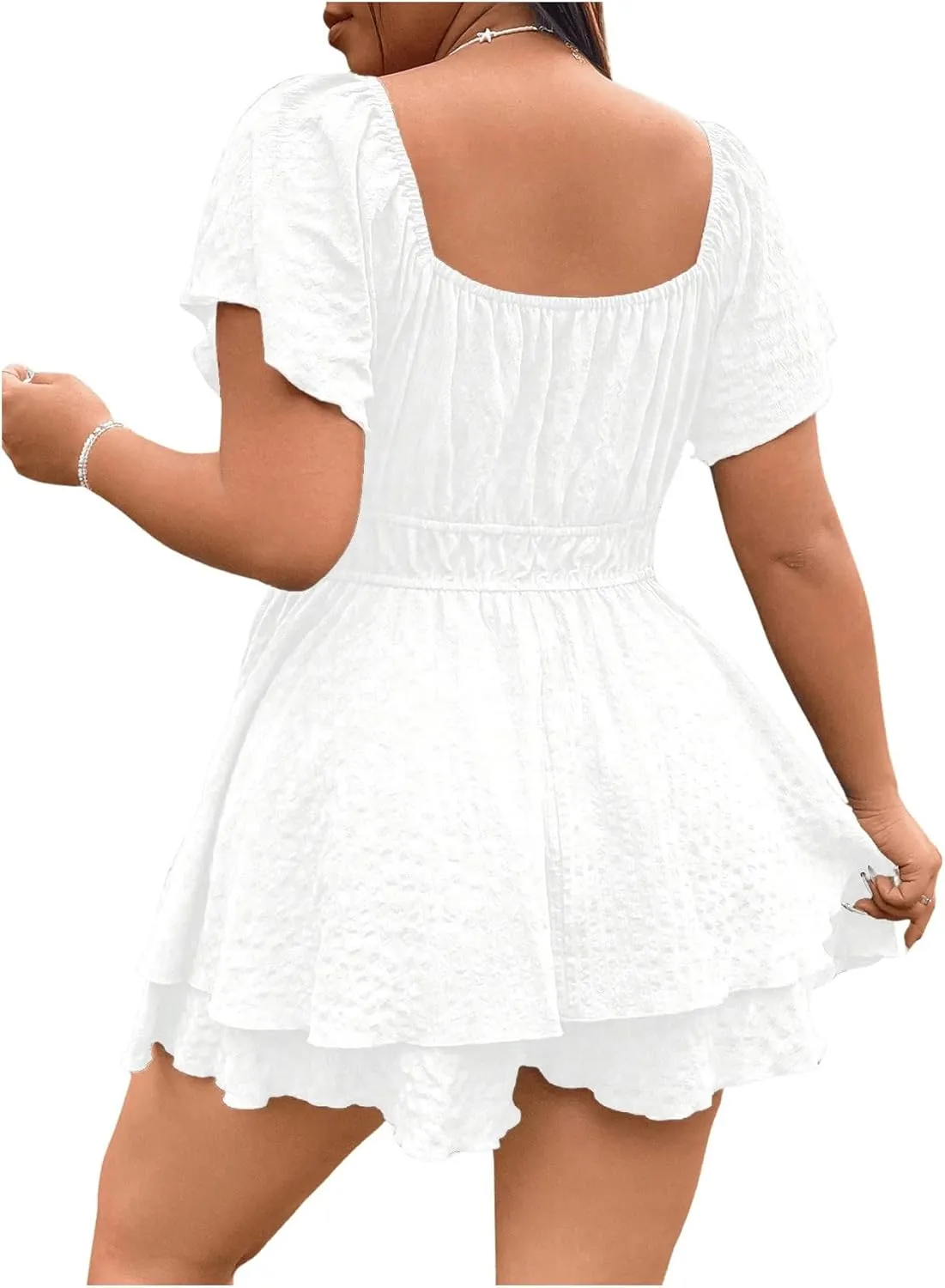 SOLY HUX Women's Plus Size Romper Dress Ruffle Short Sleeve V Neck Flowy Summer Short Jumpsuits