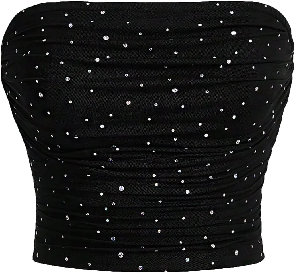 SOLY HUX Women's Sequin Sparkly Tube Tops Glitter Bandeau Crop Tops Strapless Sexy Going Out Camisoles Concert Outfits