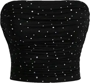 SOLY HUX Women's Sequin Sparkly Tube Tops Glitter Bandeau Crop Tops Strapless Sexy Going Out Camisoles Concert Outfits