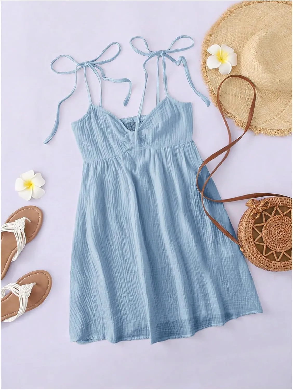 SOLY HUX Women's Summer Dress Tie Shoulder Spaghetti Strap Ruched Flowy Cami Mini Dresses Sundress