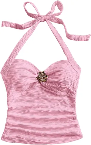 SOLY HUX Women's V Neck Halter Tops Open Back Y2k Ruched Floral Metal Summer Going Out Cami Tops