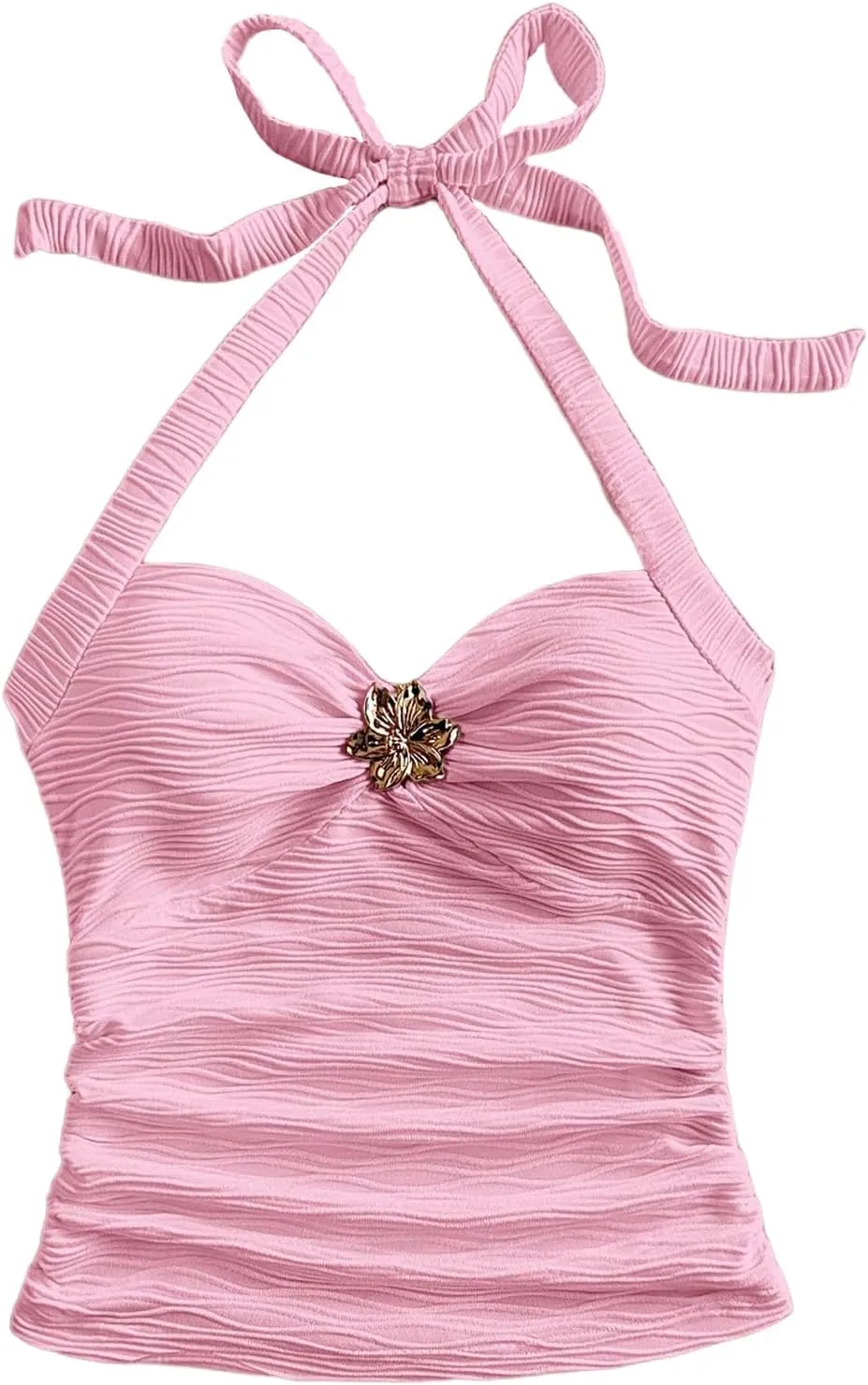 SOLY HUX Women's V Neck Halter Tops Open Back Y2k Ruched Floral Metal Summer Going Out Cami Tops