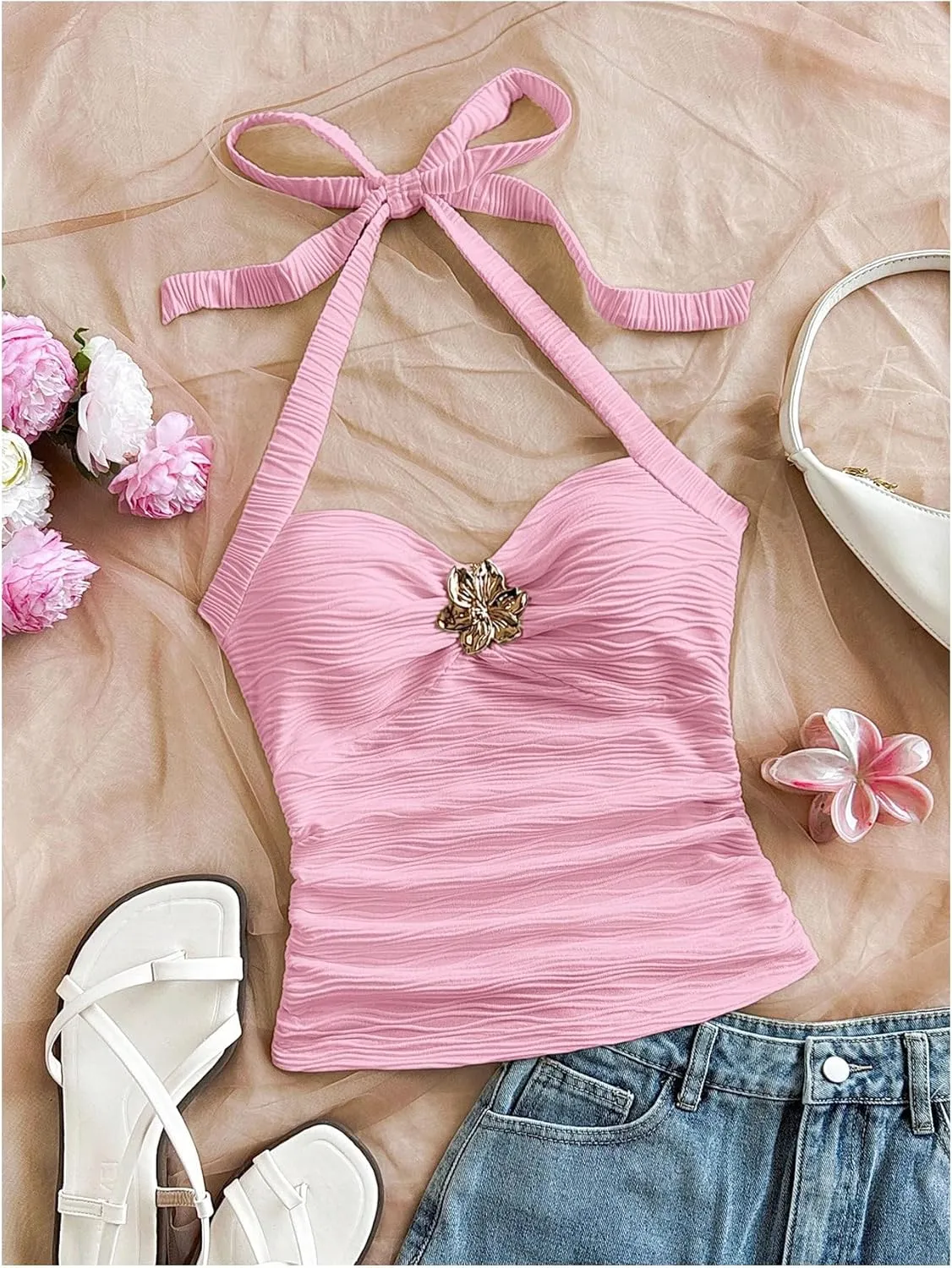 SOLY HUX Women's V Neck Halter Tops Open Back Y2k Ruched Floral Metal Summer Going Out Cami Tops
