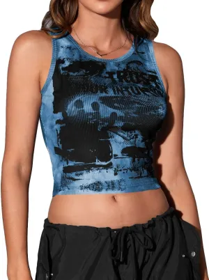 SOLY HUX Women's Y2K Gothic Graphic Tank Tops Scoop Neck Sleeveless Crop Going Out Tops Summer Clothes