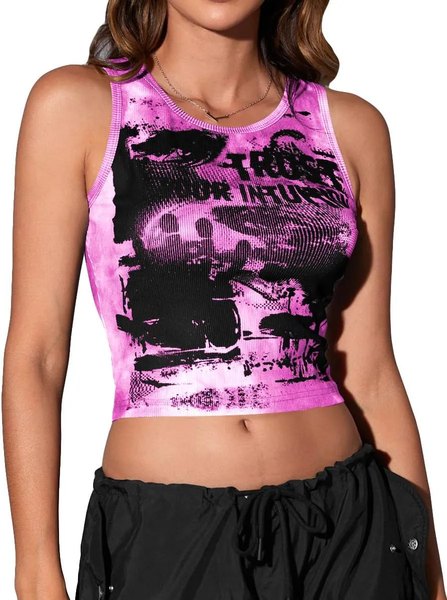 SOLY HUX Women's Y2K Gothic Graphic Tank Tops Scoop Neck Sleeveless Crop Going Out Tops Summer Clothes
