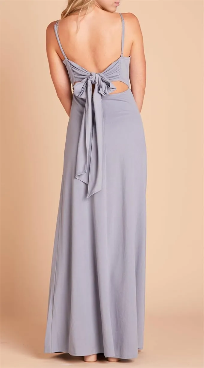 Spaghetti Straps Bridesmaid Dresses for Wedding Chiffon Formal Evening Party Prom Maxi Gown with Slit Bow AN336