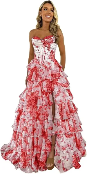 Strapless Floral Print Prom Dresses for Women A Line Tiered Ruffle Chiffon Formal Evening Ball Gowns AP32