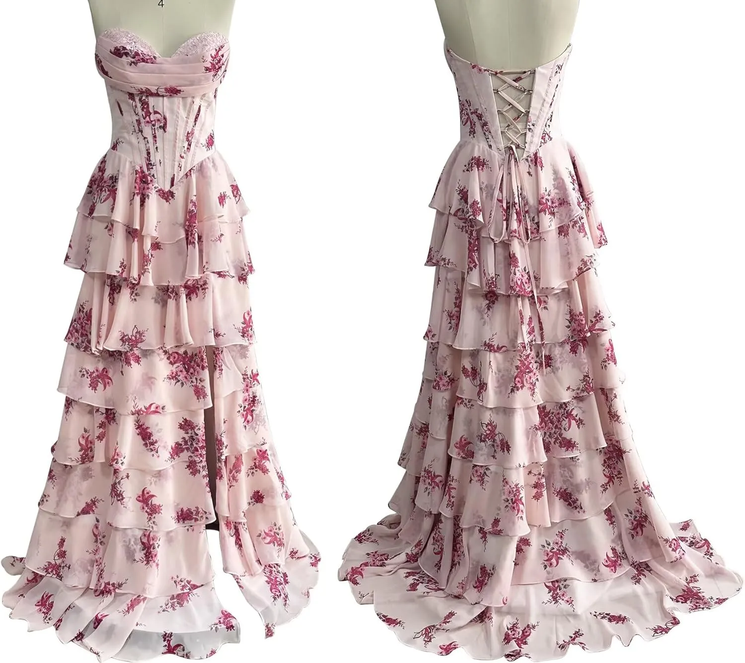 Strapless Floral Print Prom Dresses for Women A Line Tiered Ruffle Chiffon Formal Evening Ball Gowns AP32