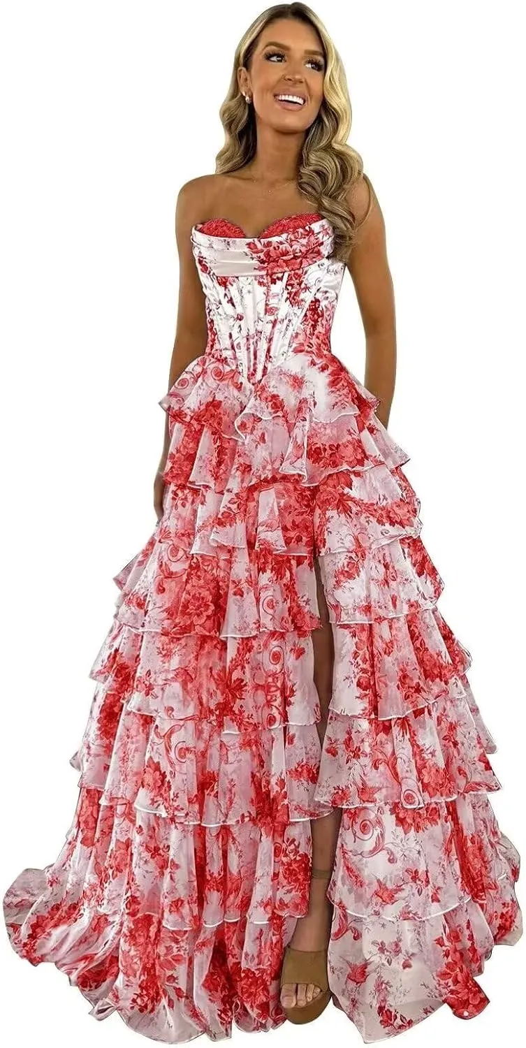 Strapless Floral Print Prom Dresses for Women A Line Tiered Ruffle Chiffon Formal Evening Ball Gowns AP32
