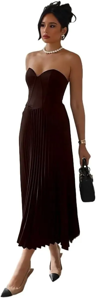 Strapless Prom Dresses for Women Pleated Satin Tea Length Corset Formal Evening Party Gowns