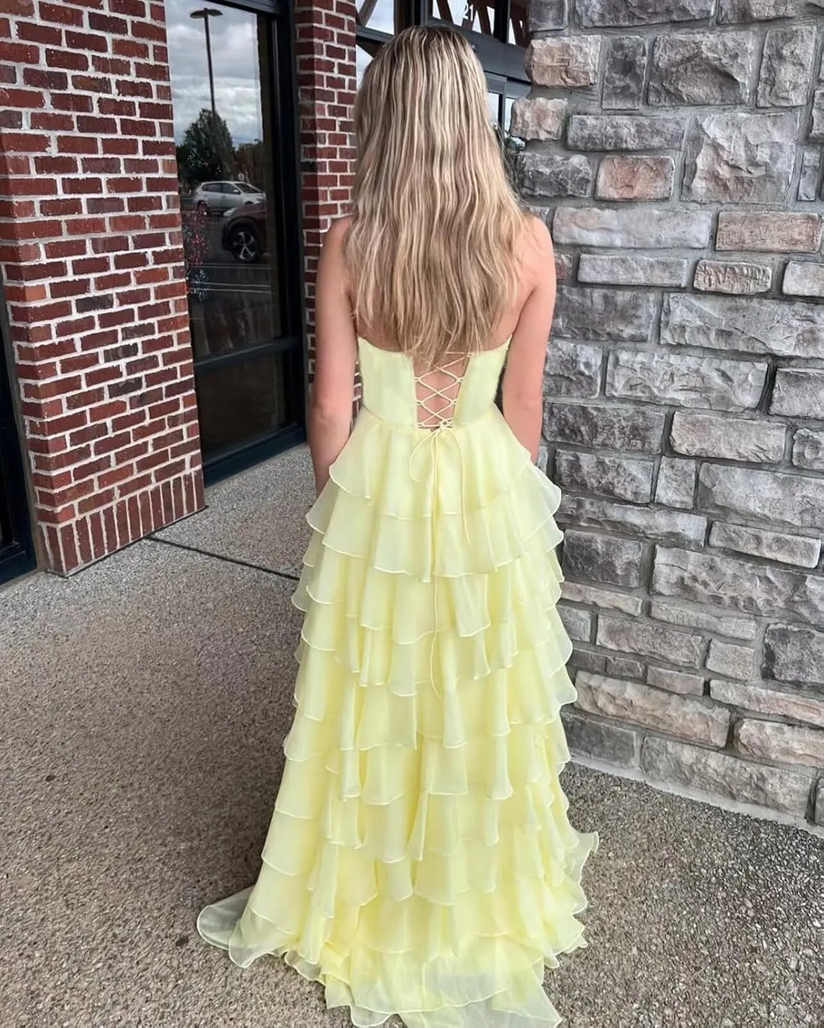 Strapless Tiered Ruffle Prom Dress with Bow Long Chiffon Formal Evening Dresses for Women with Slit