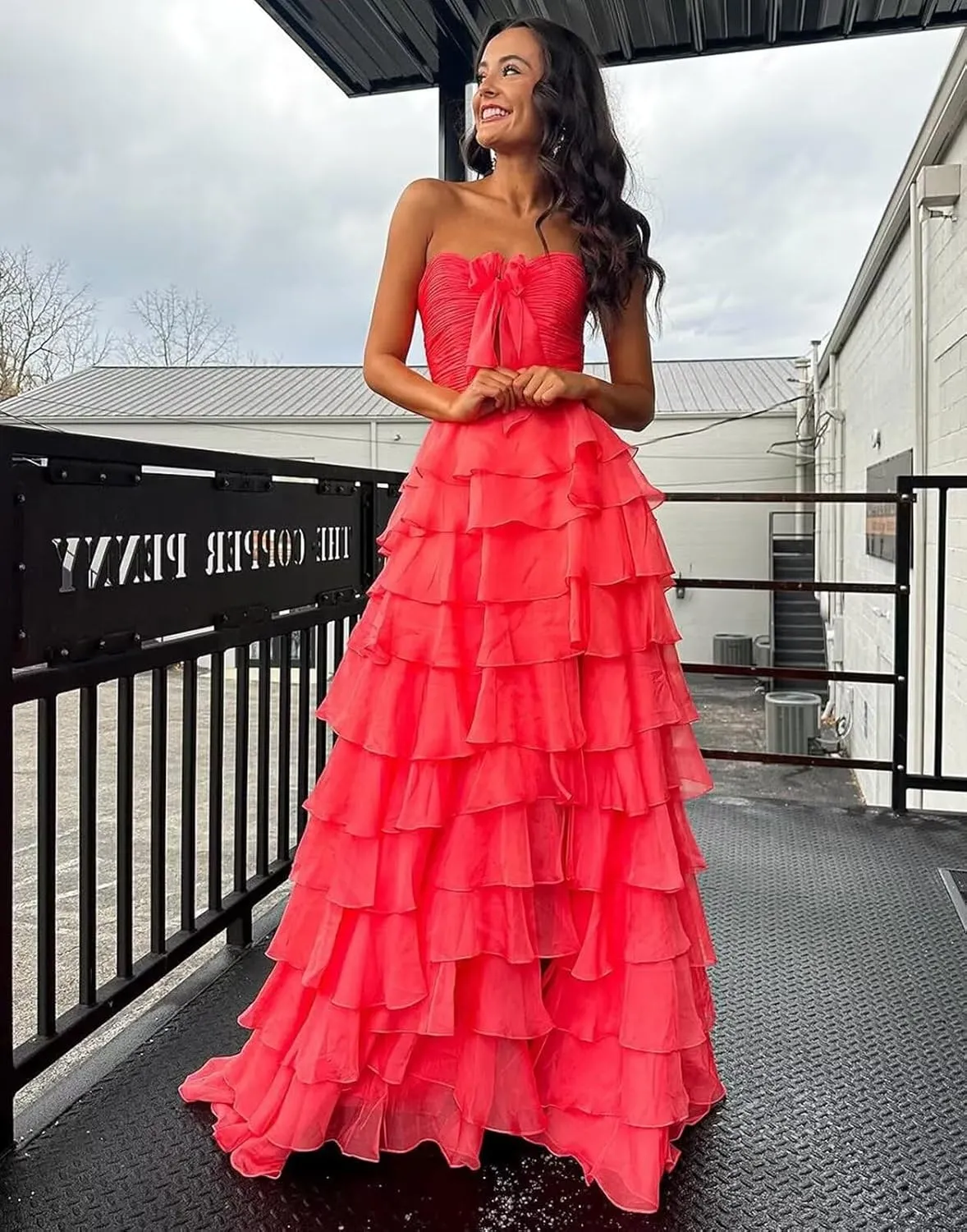 Strapless Tiered Ruffle Prom Dress with Bow Long Chiffon Formal Evening Dresses for Women with Slit