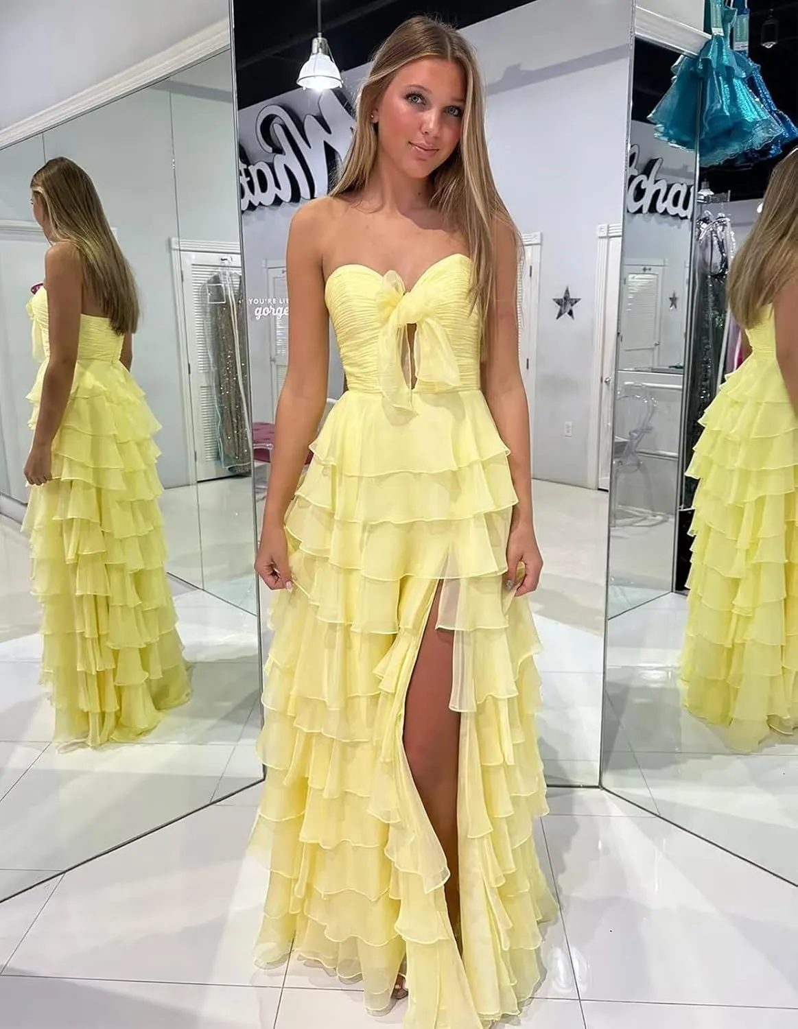 Strapless Tiered Ruffle Prom Dress with Bow Long Chiffon Formal Evening Dresses for Women with Slit