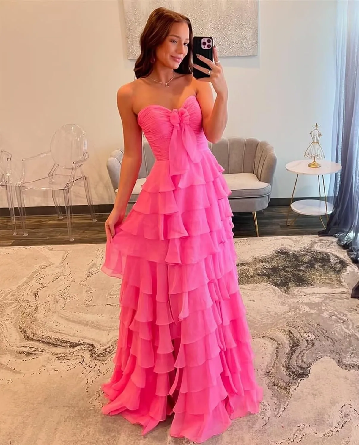 Strapless Tiered Ruffle Prom Dress with Bow Long Chiffon Formal Evening Dresses for Women with Slit