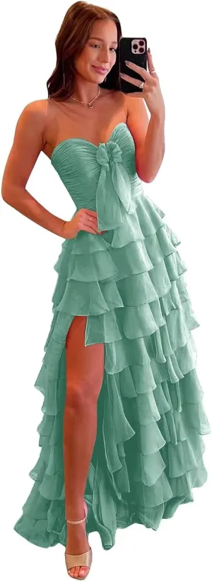 Strapless Tiered Ruffle Prom Dress with Bow Long Chiffon Formal Evening Dresses for Women with Slit