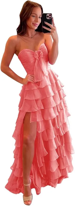 Strapless Tiered Ruffle Prom Dress with Bow Long Chiffon Formal Evening Dresses for Women with Slit