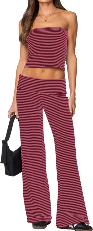 Striped Two Piece Sets Women Summer Lounge Outfits Strapless Crop Tube Top and Foldover Pant Matching Set Resort Wear