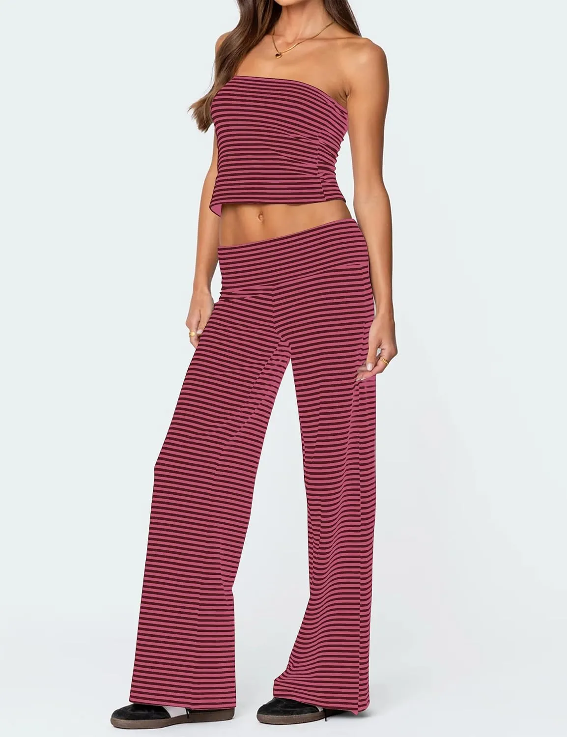 Striped Two Piece Sets Women Summer Lounge Outfits Strapless Crop Tube Top and Foldover Pant Matching Set Resort Wear