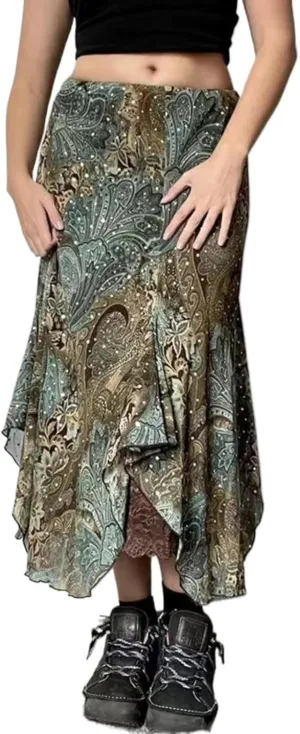 Sumleno Y2K Aesthetic Midi Skirt for Women Floral Print Mermaid Long Skirt 90s E-Girl Vintage Fairycore Grunge Streetwear