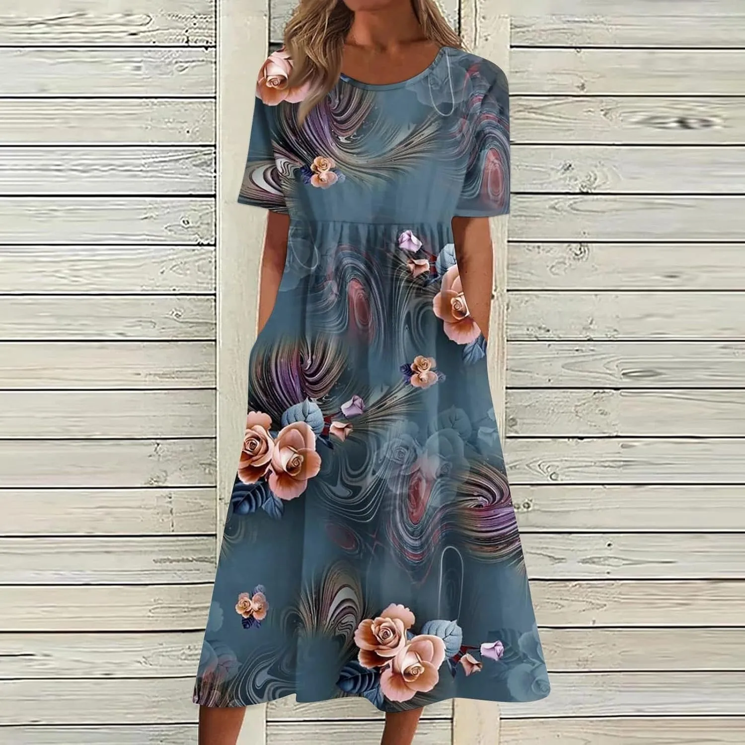 Summer Dresses for Women 2024 Pocket Pleated Beach Dress Short Sleeve Printed Dresses Round Neck Casual Maxi Dress