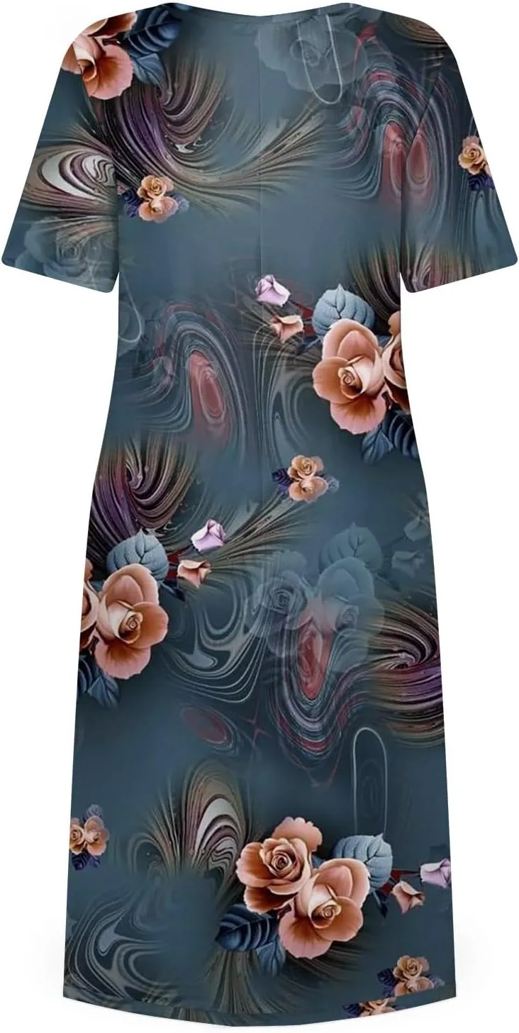Summer Dresses for Women 2024 Pocket Pleated Beach Dress Short Sleeve Printed Dresses Round Neck Casual Maxi Dress
