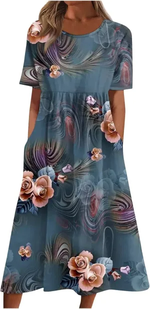 Summer Dresses for Women 2024 Pocket Pleated Beach Dress Short Sleeve Printed Dresses Round Neck Casual Maxi Dress
