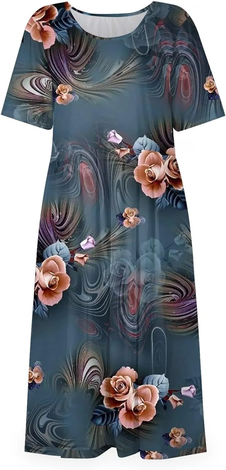 Summer Dresses for Women 2024 Pocket Pleated Beach Dress Short Sleeve Printed Dresses Round Neck Casual Maxi Dress