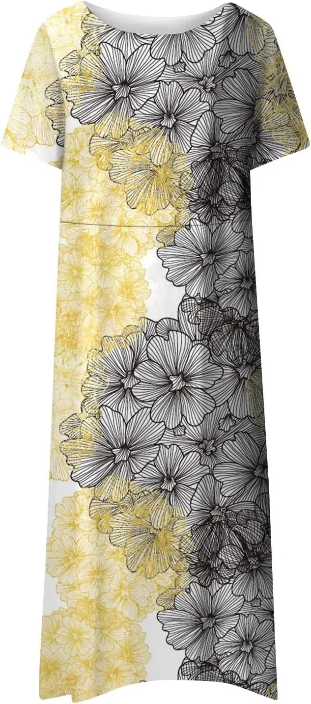 Summer Dresses for Women 2024 Pocket Short Sleeve Beach Dress Printed Pleated Dresses Round Neck Comfy Maxi Dress