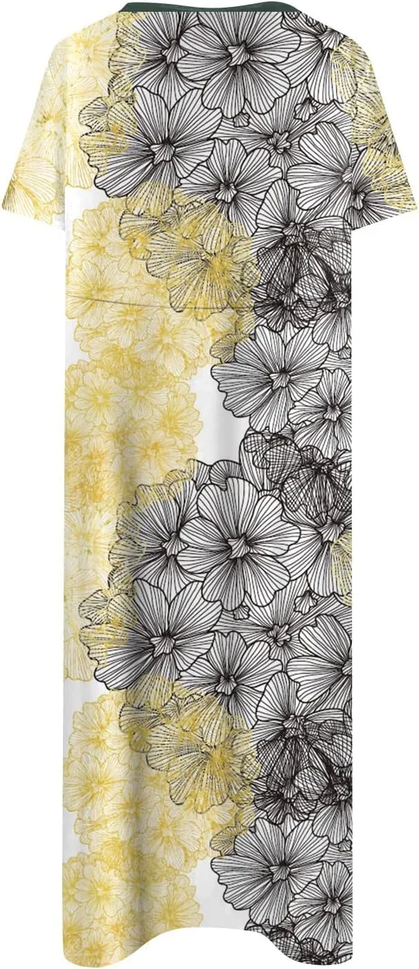 Summer Dresses for Women 2024 Pocket Short Sleeve Beach Dress Printed Pleated Dresses Round Neck Comfy Maxi Dress