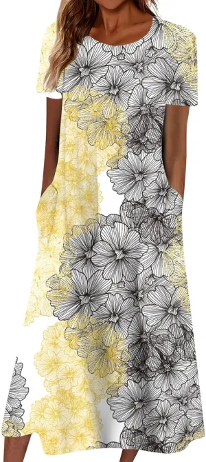 Summer Dresses for Women 2024 Pocket Short Sleeve Beach Dress Printed Pleated Dresses Round Neck Comfy Maxi Dress