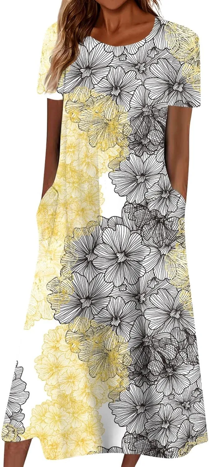 Summer Dresses for Women 2024 Pocket Short Sleeve Beach Dress Printed Pleated Dresses Round Neck Comfy Maxi Dress