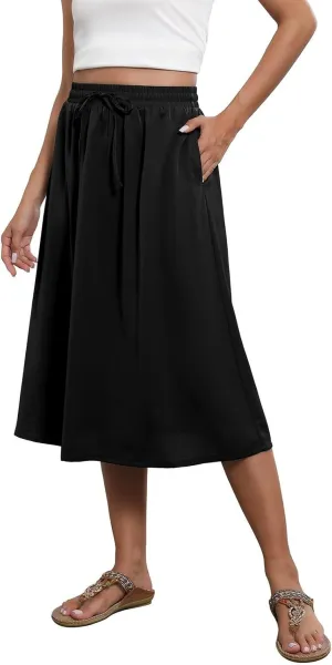 Summer Midi Skirts for Women 2025 Vacation Flowy Beach Skirt Drawstring High Waisted A-Line Boho Skirt with Pockets