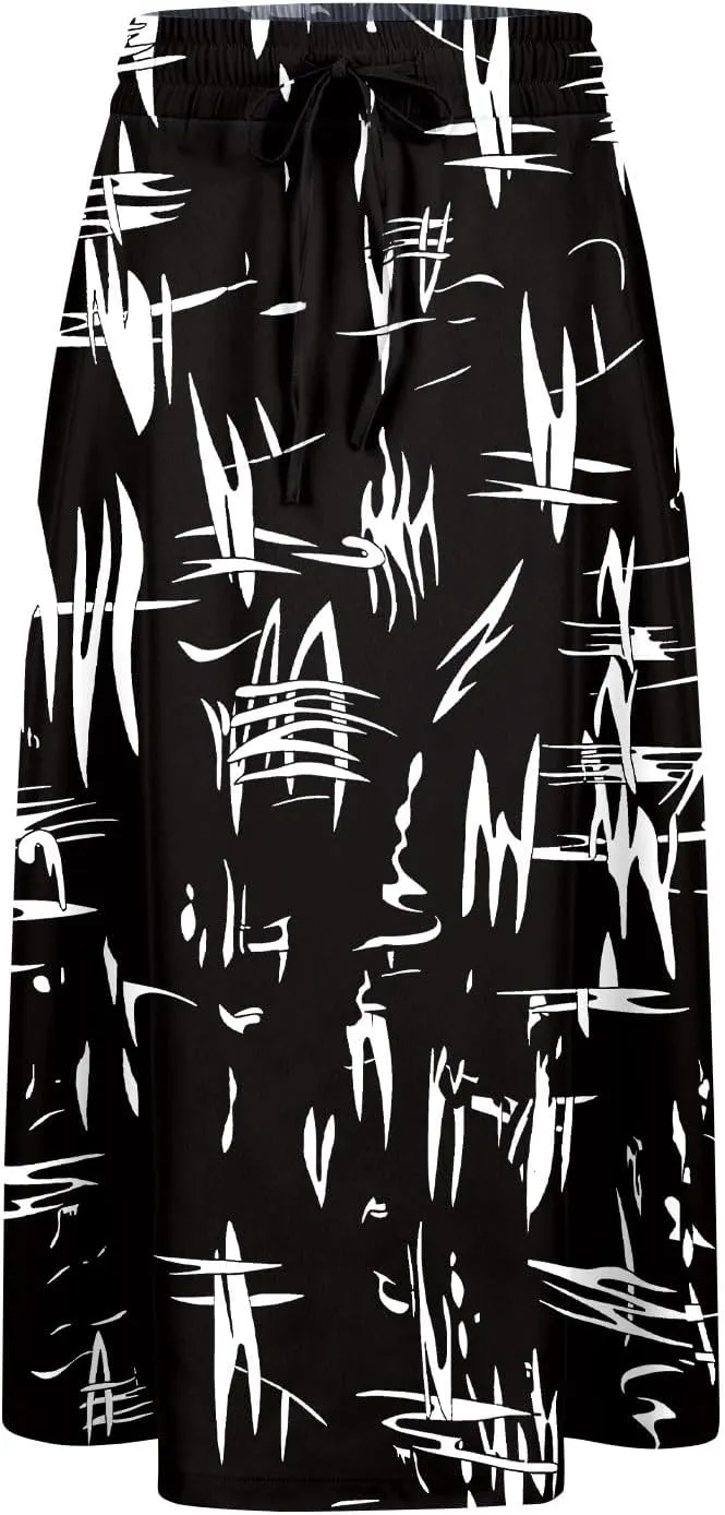 Summer Midi Skirts for Women 2025 Vacation Flowy Beach Skirt Drawstring High Waisted A-Line Boho Skirt with Pockets