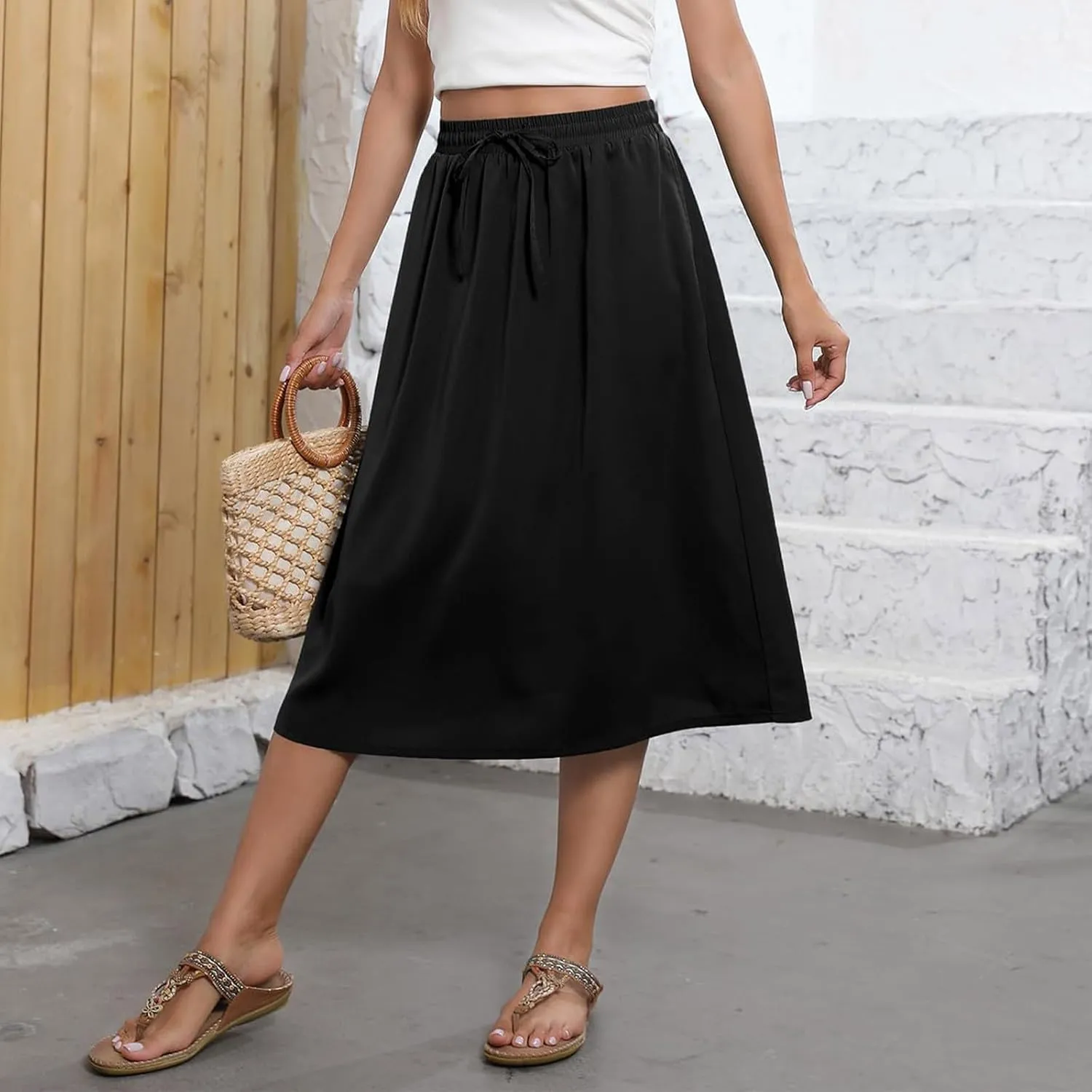 Summer Midi Skirts for Women 2025 Vacation Flowy Beach Skirt Drawstring High Waisted A-Line Boho Skirt with Pockets