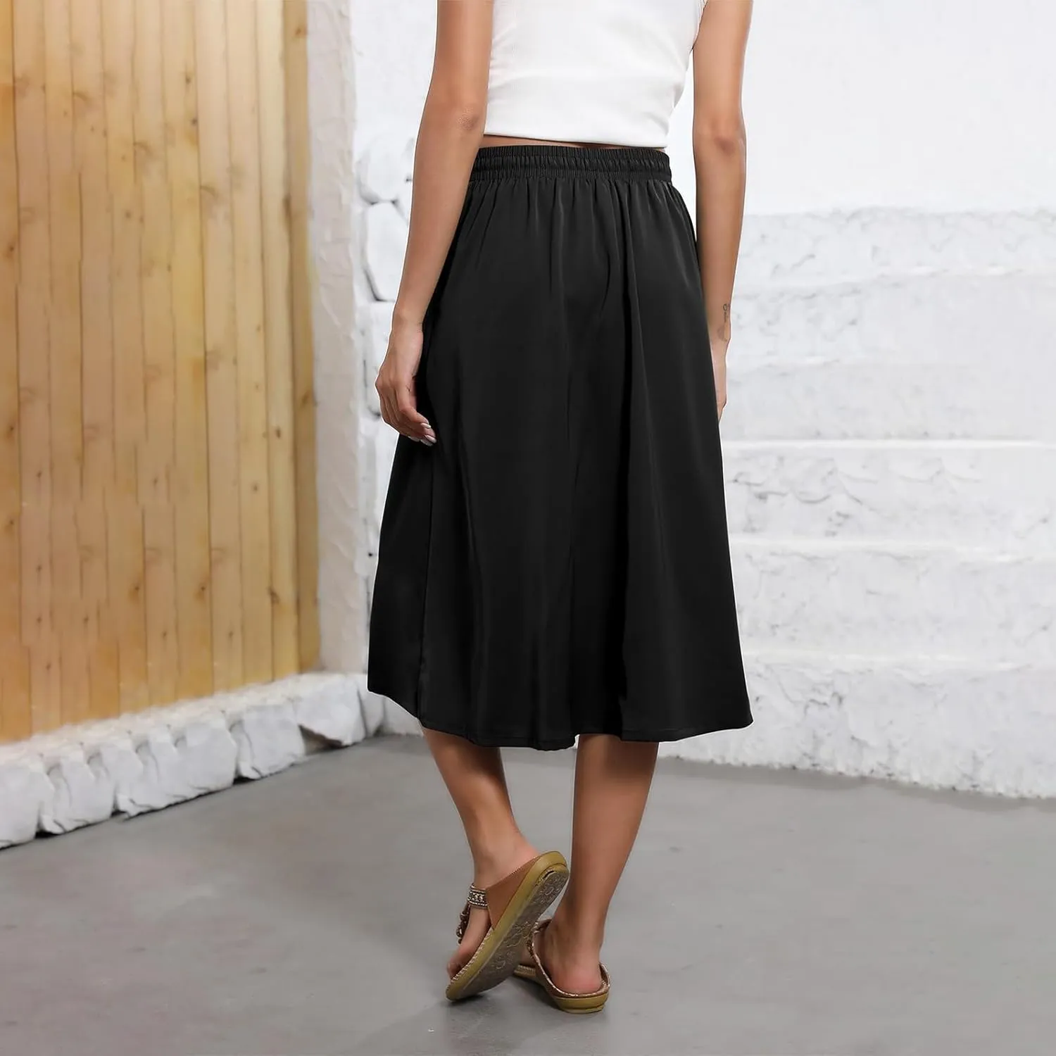 Summer Midi Skirts for Women 2025 Vacation Flowy Beach Skirt Drawstring High Waisted A-Line Boho Skirt with Pockets