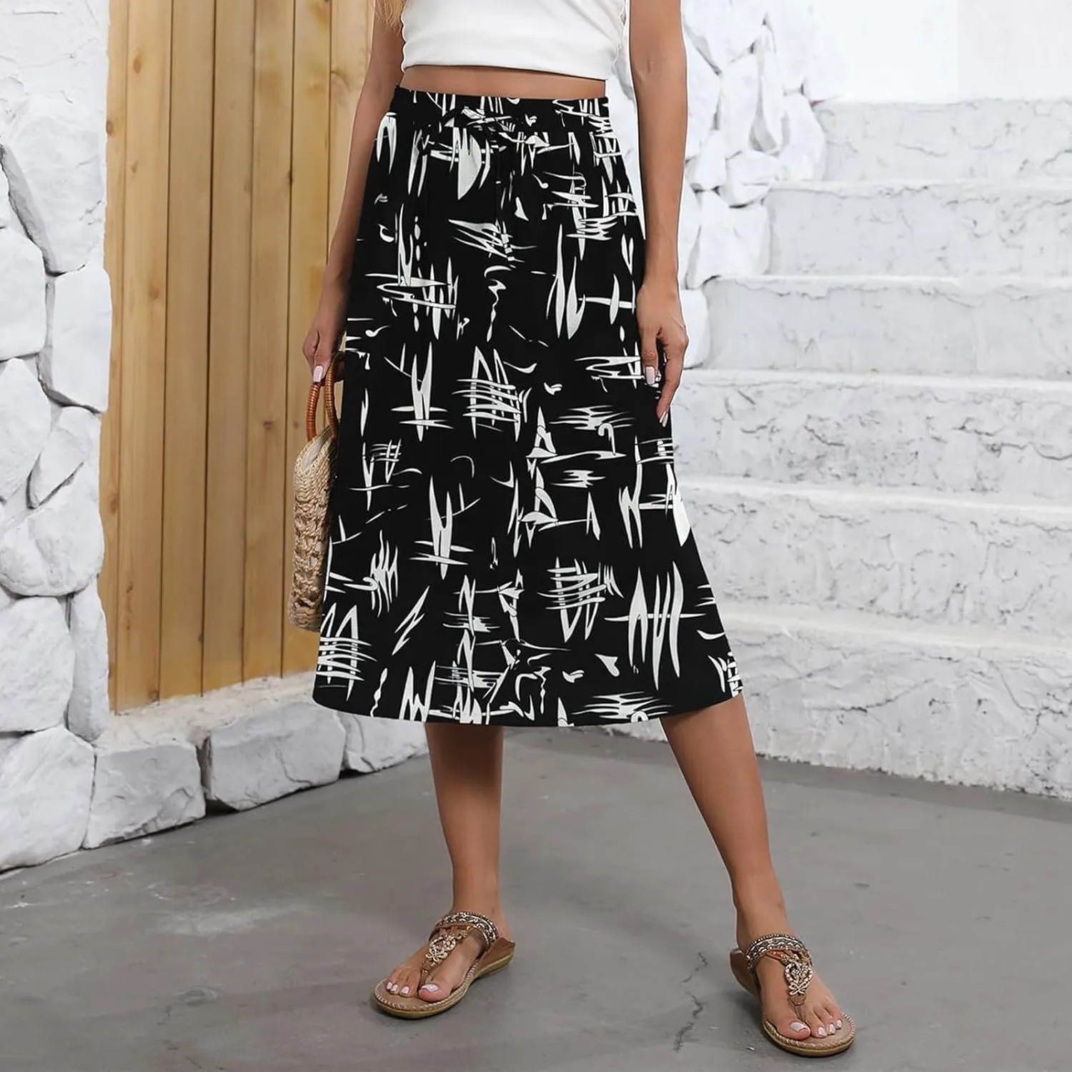 Summer Midi Skirts for Women 2025 Vacation Flowy Beach Skirt Drawstring High Waisted A-Line Boho Skirt with Pockets