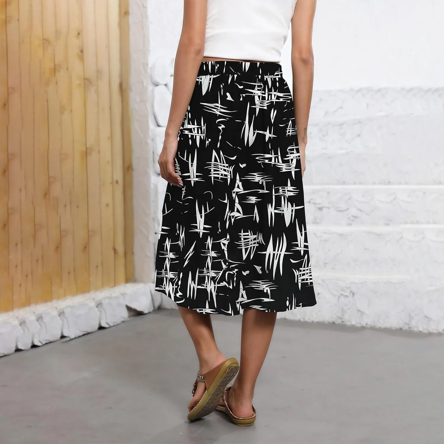 Summer Midi Skirts for Women 2025 Vacation Flowy Beach Skirt Drawstring High Waisted A-Line Boho Skirt with Pockets