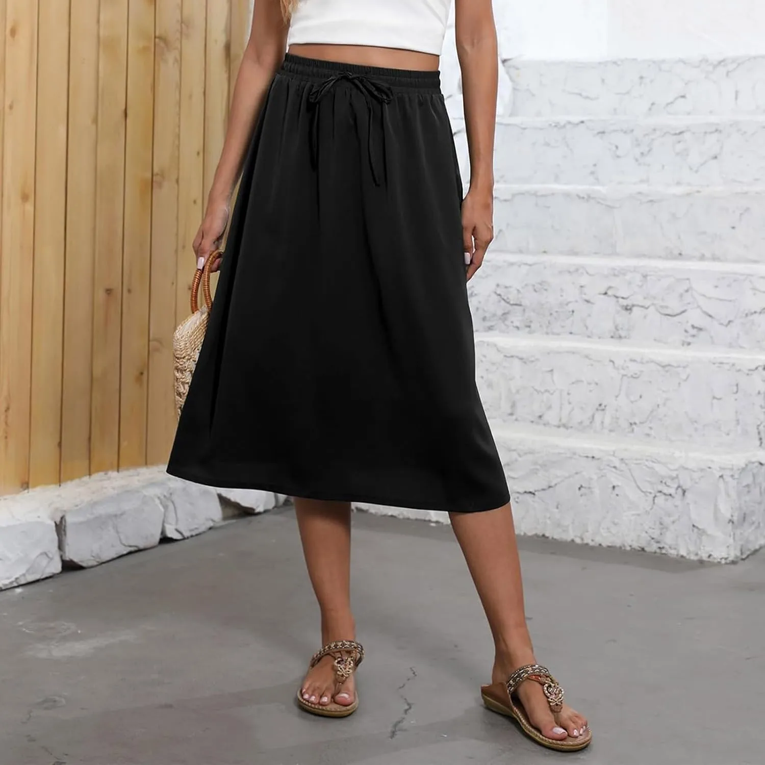 Summer Midi Skirts for Women 2025 Vacation Flowy Beach Skirt Drawstring High Waisted A-Line Boho Skirt with Pockets