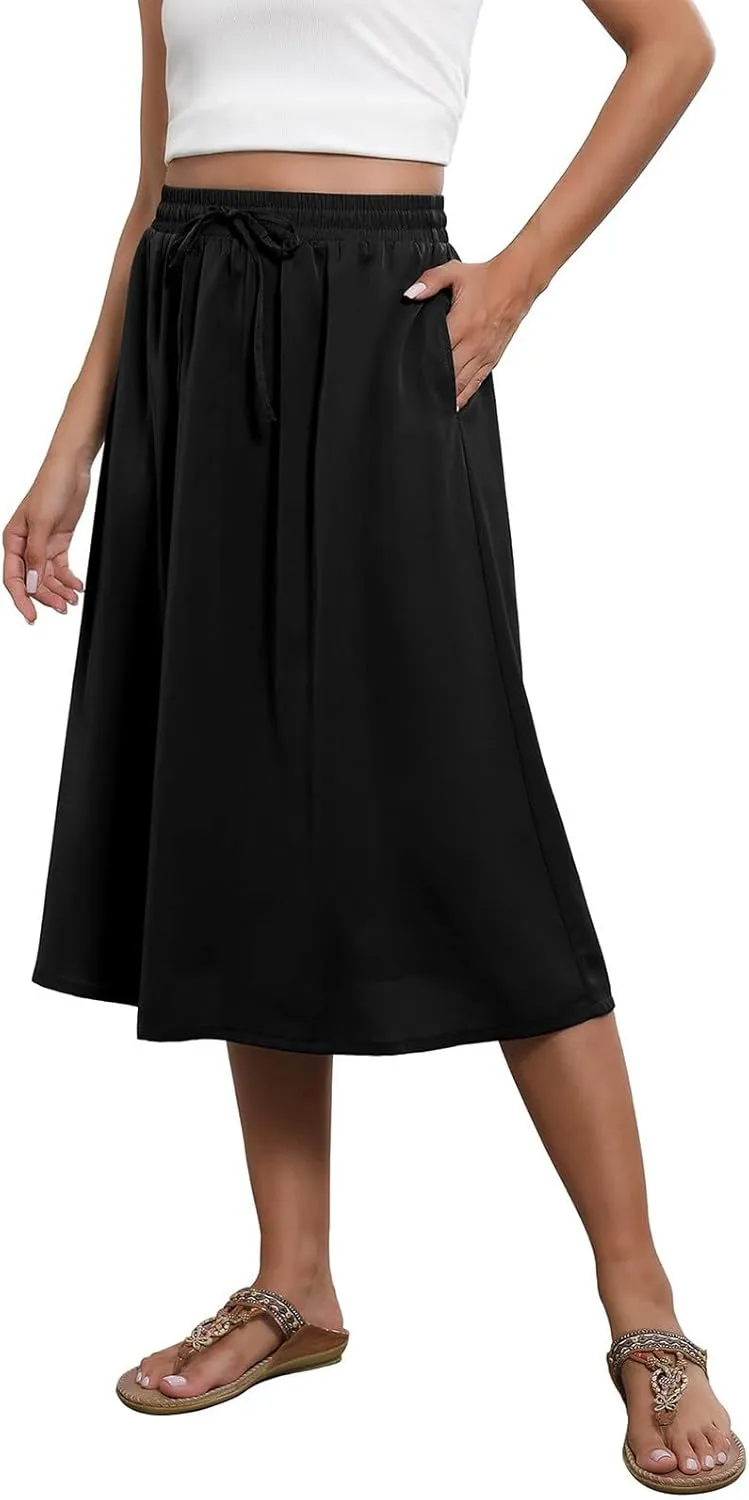 Summer Midi Skirts for Women 2025 Vacation Flowy Beach Skirt Drawstring High Waisted A-Line Boho Skirt with Pockets