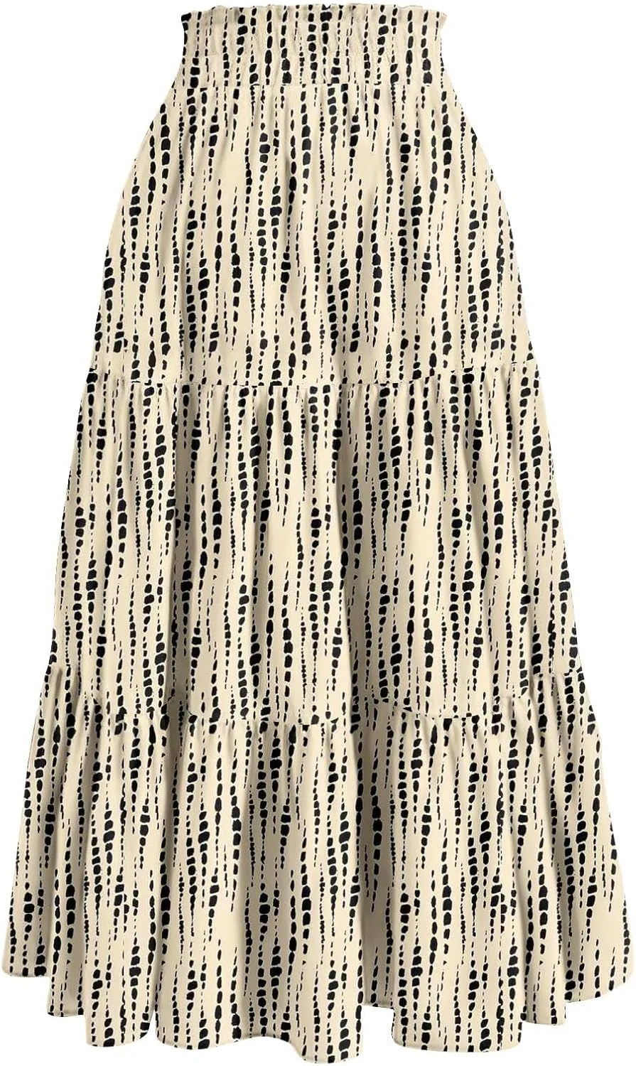 Summer Skirts for Women 2025 Vacation Boho Floral Tiered Skirt Drawstring High Waisted Flowy Ruffle A Line Skirt