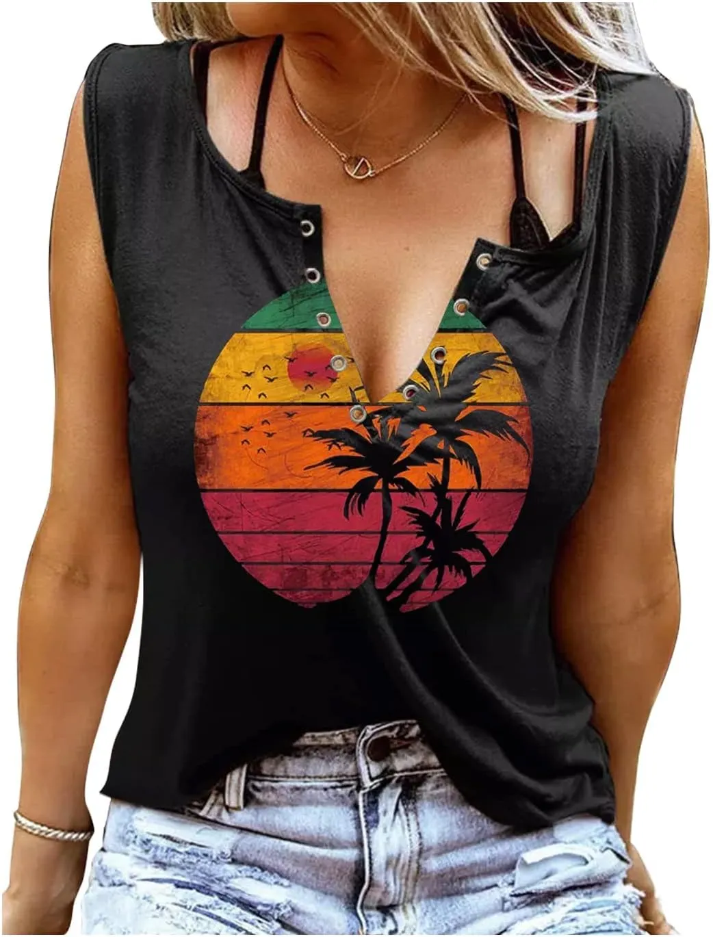 Summer Tank Tops for Women Vacation Casual Beach Tank Tops Hawaiian Sleeveless Basic Fit T Shirts Blouses
