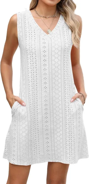 Sundresses for Women Beach Resort Loose Eyelet Tank V Neck Dress Summer Cute Sleeveless Mini Dress with Pockets