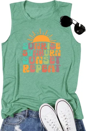 Sunrise Sunburn Sunset Repeat Tank Top for Women Summer Beach Sleeveless T Shirt Casual Graphic Vacation Tops