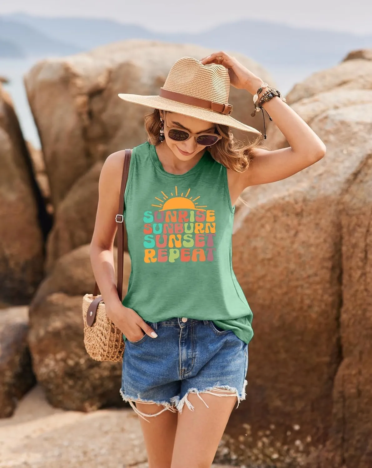 Sunrise Sunburn Sunset Repeat Tank Top for Women Summer Beach Sleeveless T Shirt Casual Graphic Vacation Tops