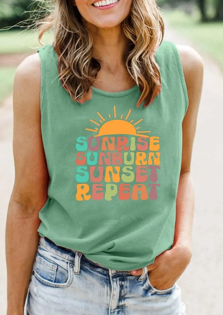 Sunrise Sunburn Sunset Repeat Tank Top for Women Summer Beach Sleeveless T Shirt Casual Graphic Vacation Tops