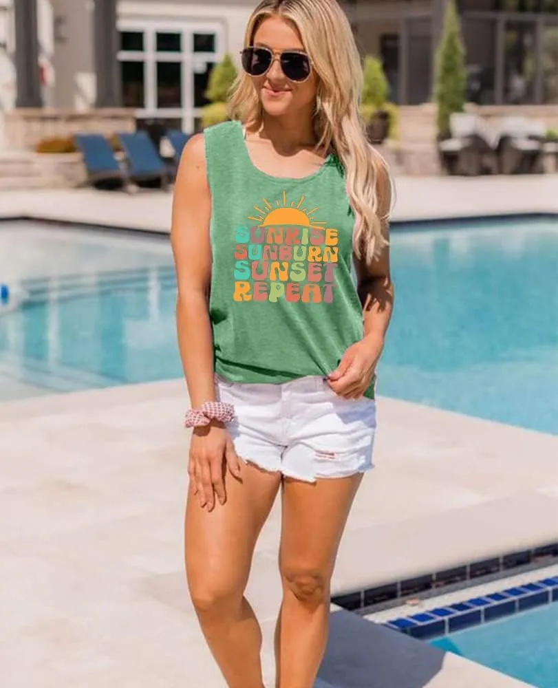 Sunrise Sunburn Sunset Repeat Tank Top for Women Summer Beach Sleeveless T Shirt Casual Graphic Vacation Tops